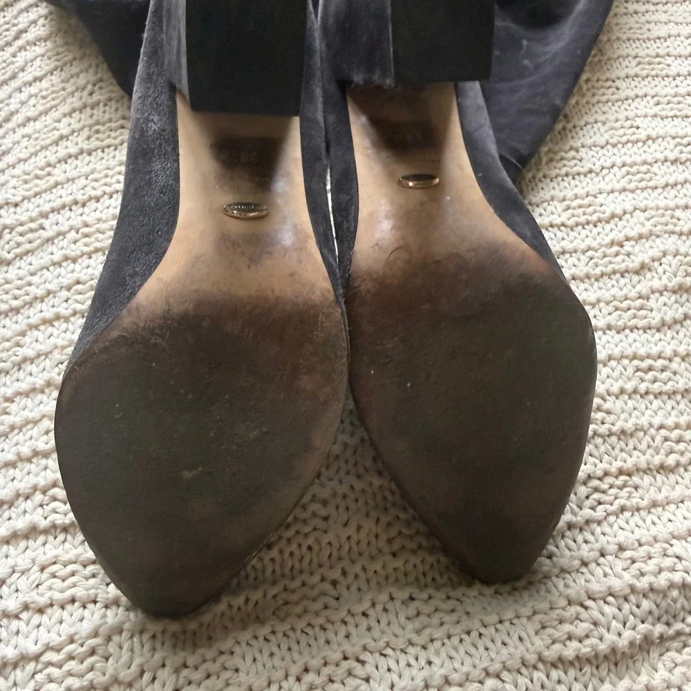 Sergio Rossi Suede Over‎ The Knee Boots Block Heel Dark Gray Size 39.5
